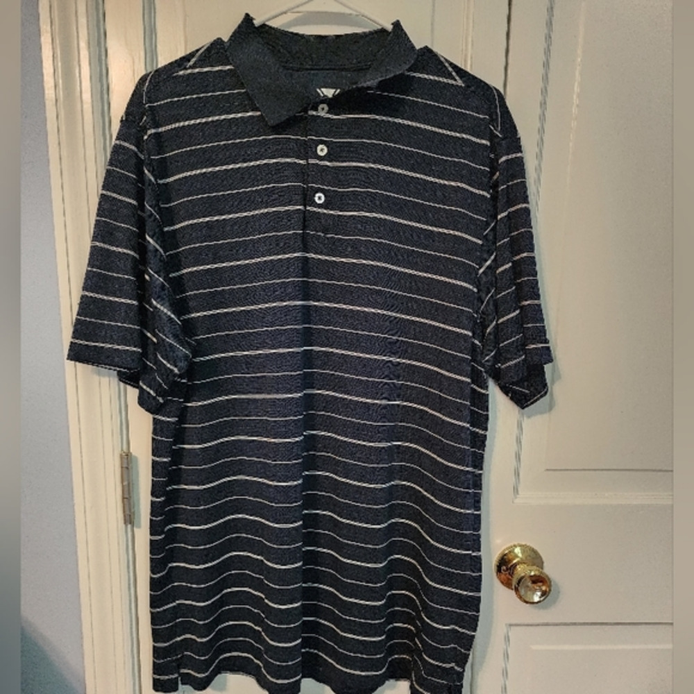 Navy Striped Pique Men's Collared Polo 3 top buttons. Large - Picture 1 of 10